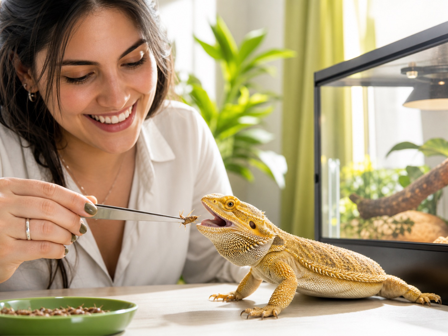 Tutor alimentando um dragao barbudo com cuidado