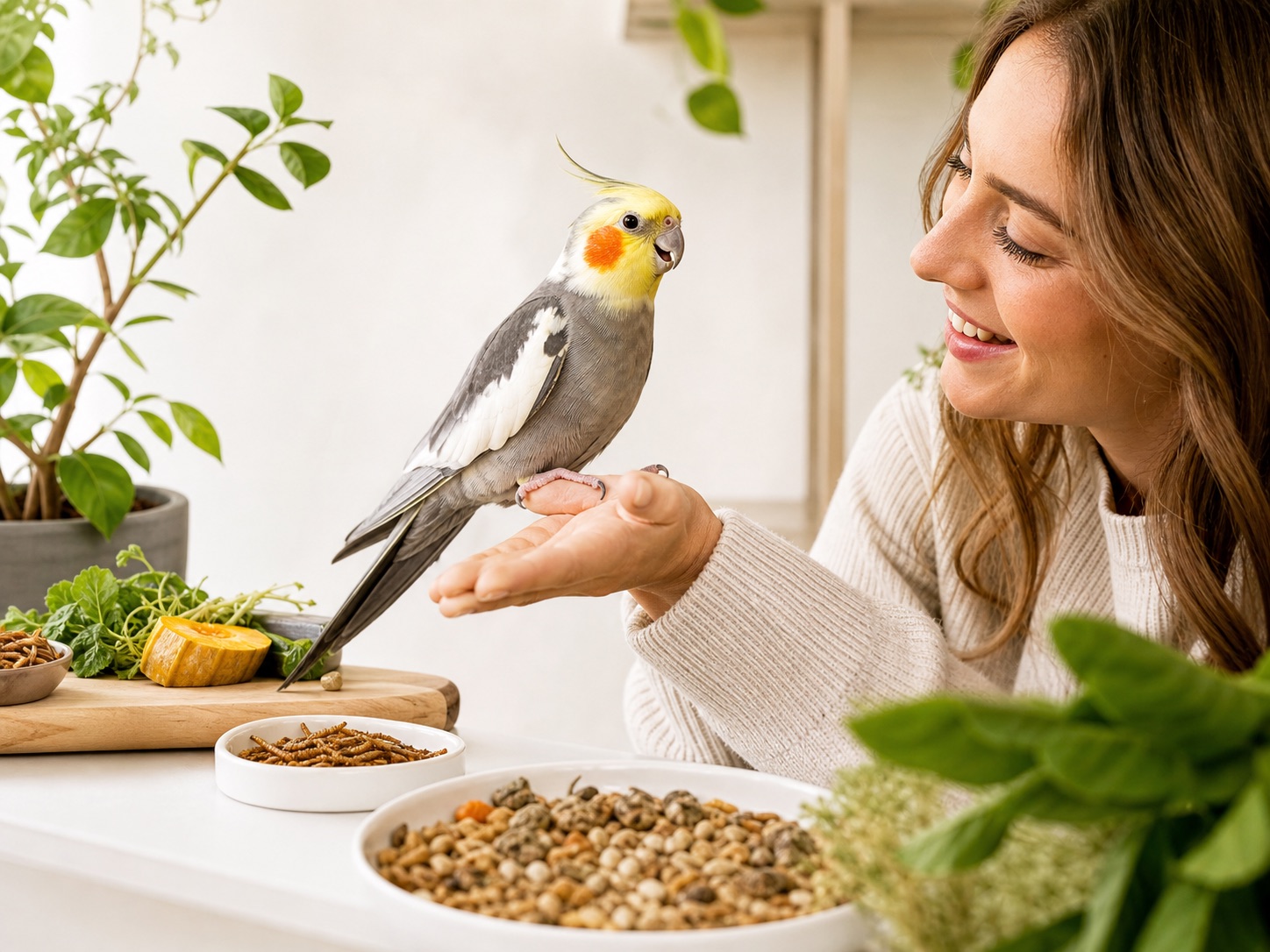 Passaro exotico perto de tutora e alimento natural
